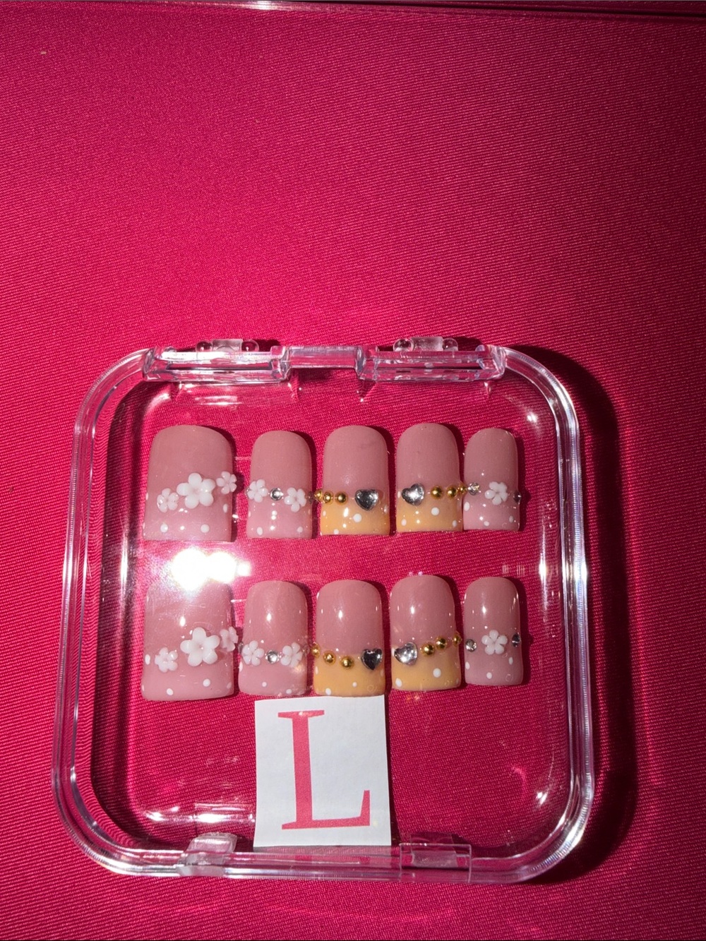 Pink & light yellow Press-On Nail Set with Floral and Stud Accents
